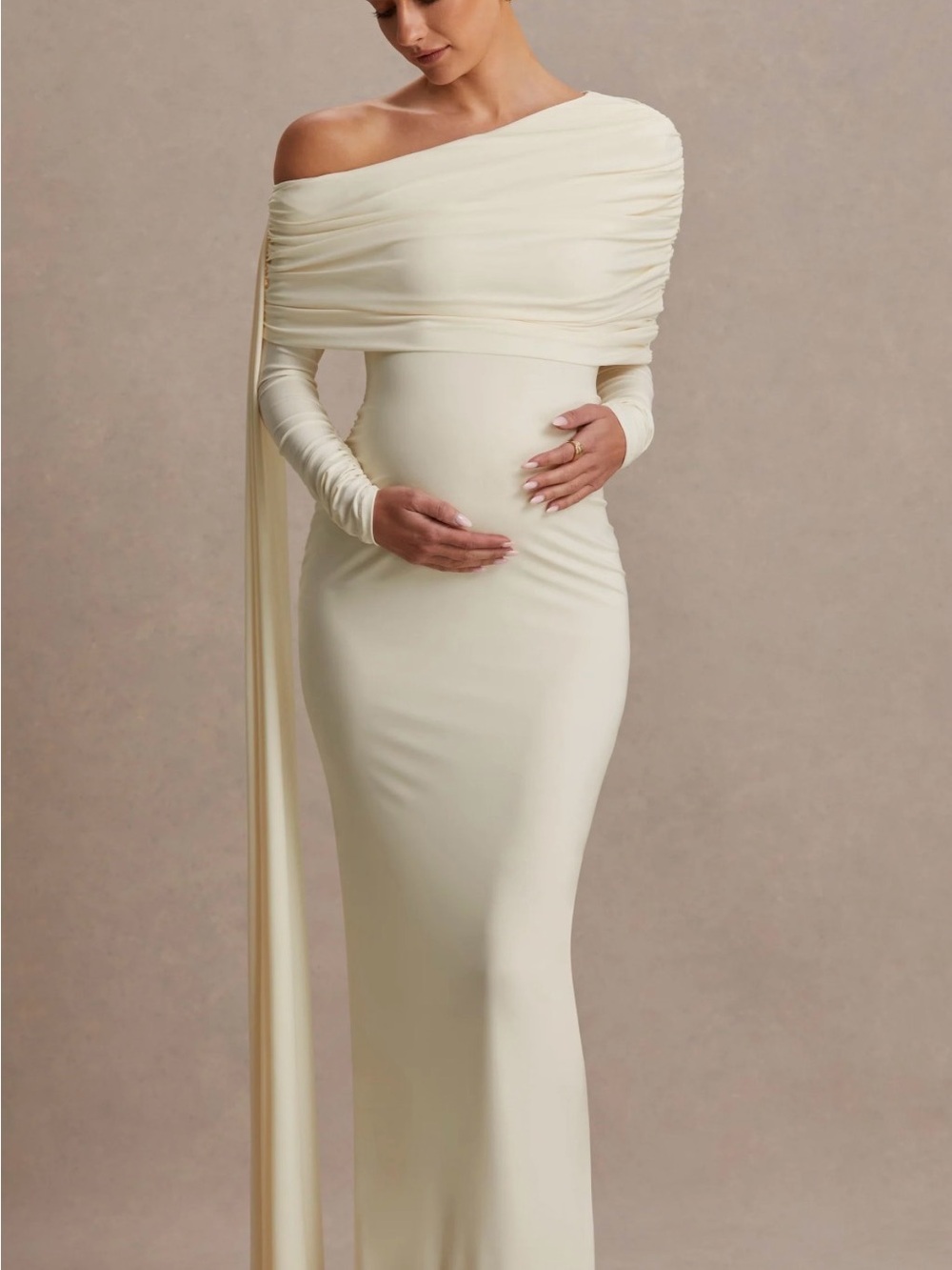 Club L London Cream One-Shoulder Maternity Gown